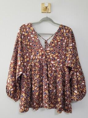 Entro NWT Geometric Blouse Medium Brown Multicolor Tie-Back Dolman Babydoll Boho